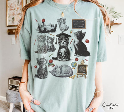Retro Teacher Cat Kitten Shirt, Comfort Colors Tee, Cute Cat Elementary School Shirt