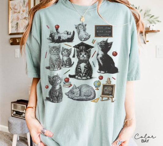 Retro Teacher Cat Kitten Shirt, Comfort Colors Tee, Cute Cat Elementary School Shirt
