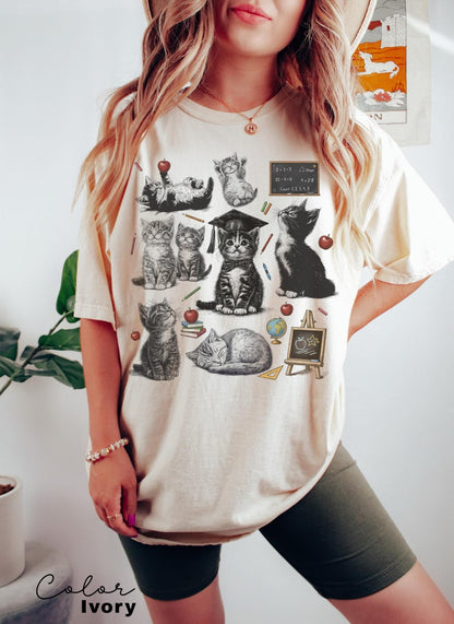 Retro Teacher Cat Kitten Shirt, Comfort Colors Tee, Cute Cat Elementary School Shirt