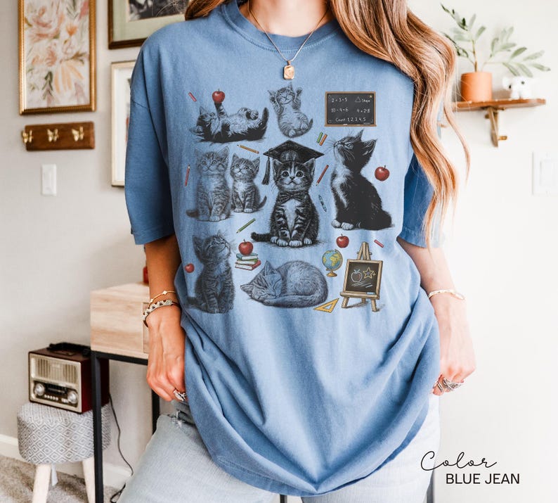 Retro Teacher Cat Kitten Shirt, Comfort Colors Tee, Cute Cat Elementary School Shirt